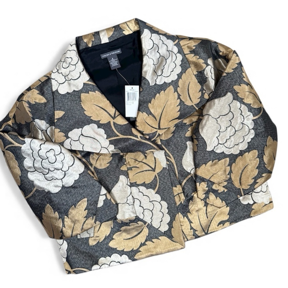 CHELSEA & THEODORE Harlow Jacket Size 8 Black Floral Cropped Metallic 3/4 sleeve